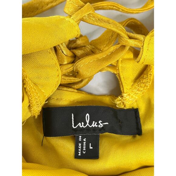 Lulus NWOT In Love Forever Mustard Yellow Satin Lace-Up High-Low Maxi Dress L - Picture 5 of 8